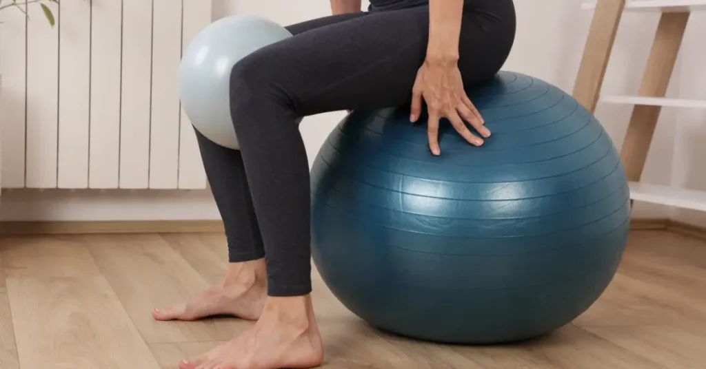 beginner pilates workout + A person is sitting on an exercise ball and doing workout exercises