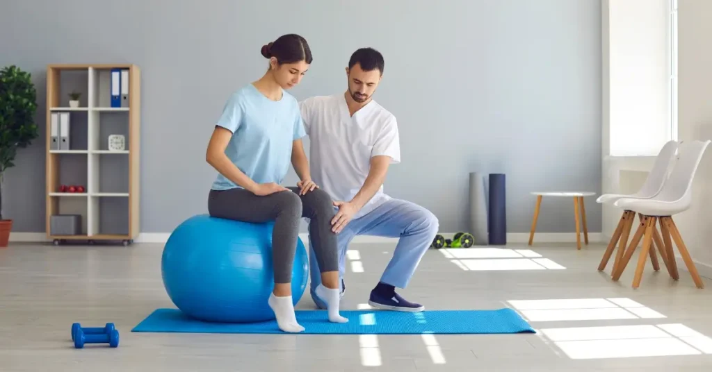 beginner pilates workout + A woman is sitting on a stability ball, and a man is assisting her with the exercises