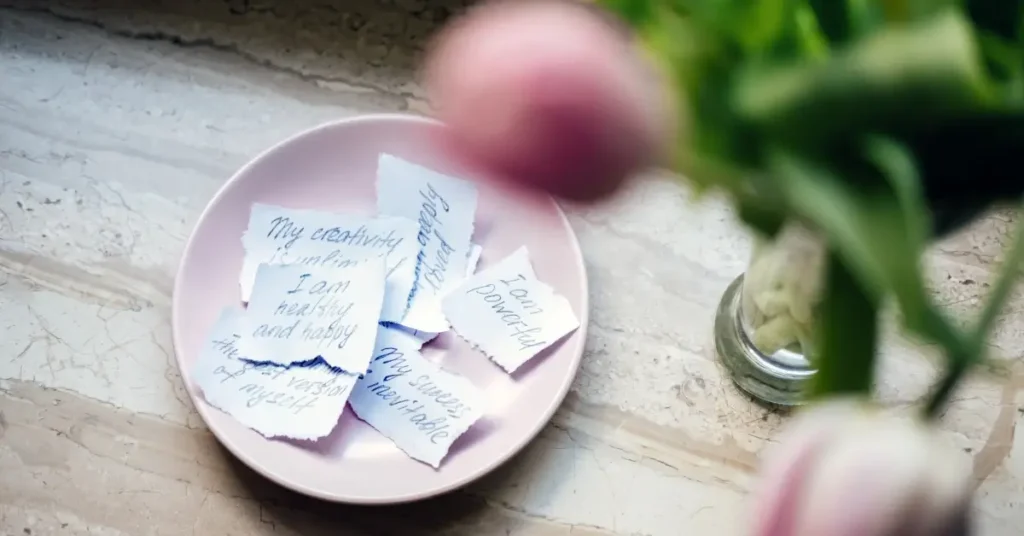 how to write affirmations + Many small pieces of paper with affirmations written on them are lying on the plate