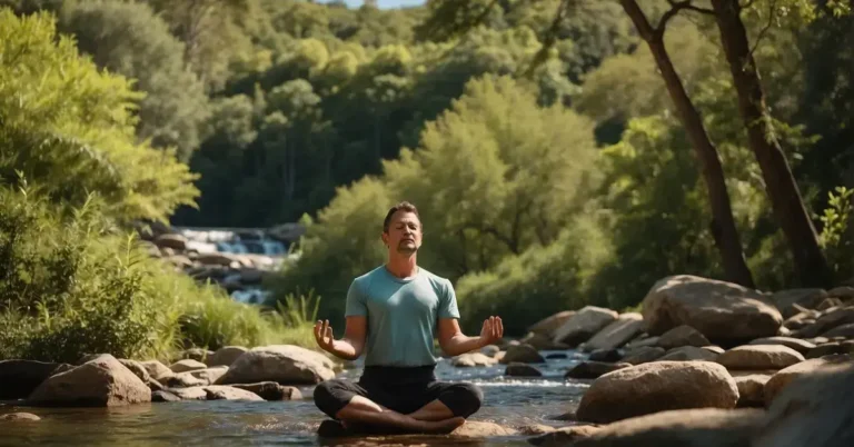 Affirmations For Health: A serene natural setting with a clear blue sky, lush green trees, and a flowing stream. A person is meditating or practicing yoga, surrounded by positive affirmations written in the air with vibrant colors
