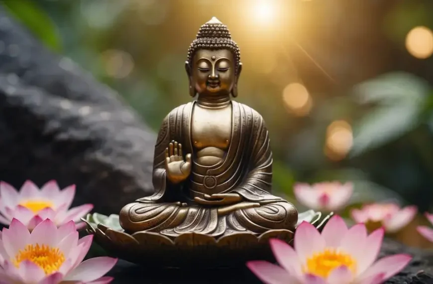 Buddha Meditation Quotes: Buddha's teachings depicted through a serene landscape with a lotus flower, a Bodhi tree, and a glowing aura of enlightenment