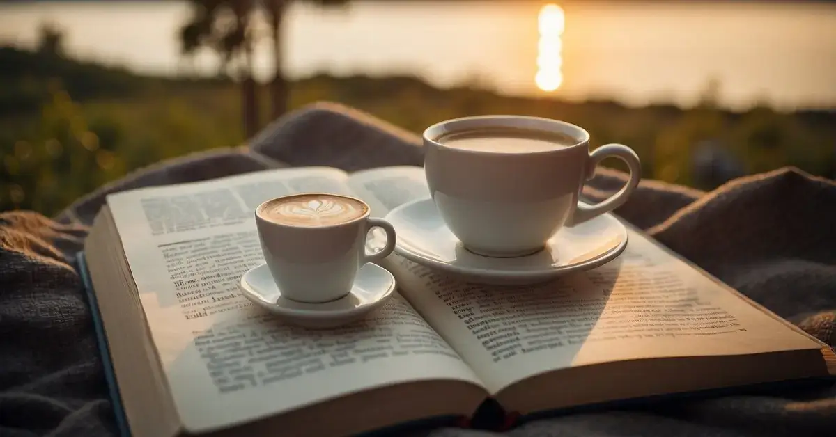 Morning Motivation: Sunrise over a serene landscape with a cup of coffee and a book, surrounded by motivational quotes and a sense of calm