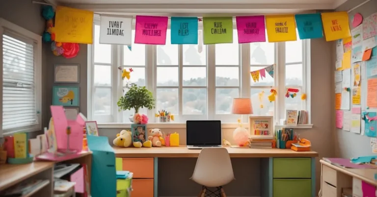 Positive Affirmations For Kids: Colorful banners with affirming words hang in a bright, cheerful room. A child's desk is adorned with uplifting quotes and drawings