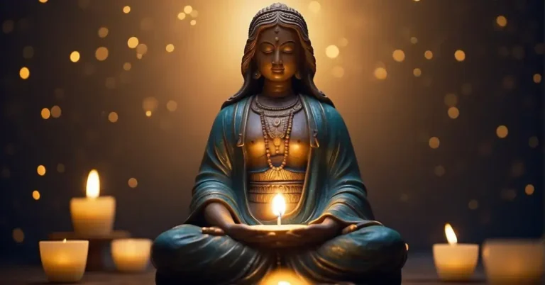Healing Meditation Quotes: A serene figure sits cross-legged, surrounded by soft candlelight and gentle incense. Inspirational quotes float in the air, forming a calming aura of healing energy