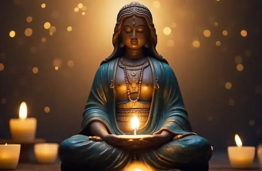 Healing Meditation Quotes: A serene figure sits cross-legged, surrounded by soft candlelight and gentle incense. Inspirational quotes float in the air, forming a calming aura of healing energy