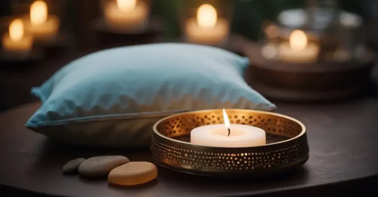 Meditation Quotes Short: A serene setting with a cushion, incense, and a candle. A quote about meditation displayed prominently