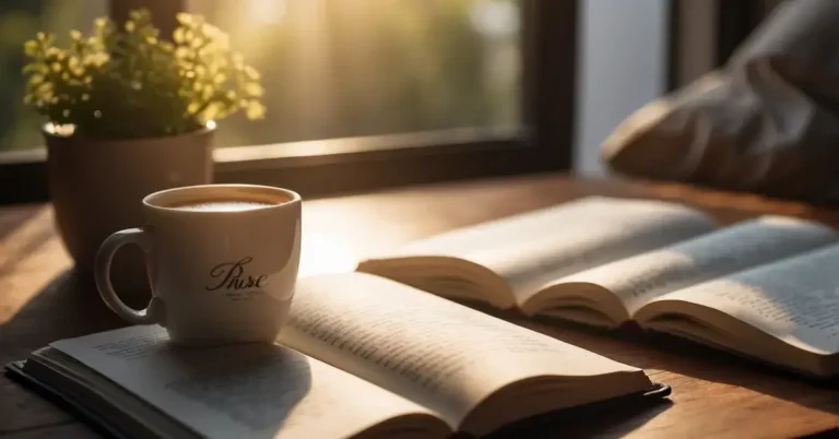 Wake Up Early Quotes: A sunlit room with a cozy bed, a steaming cup of coffee, and a journal open to a page with the words "Rise and Shine" written in elegant script